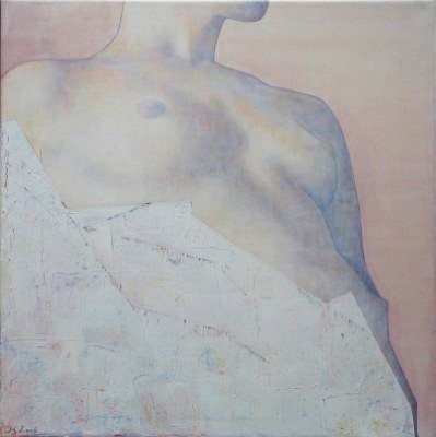 Acrylgemälde eines Frauenkörpers vor sanften Weiss. und Blautönen, inspiriert durch Chione, der grichischen Göttin des Winters